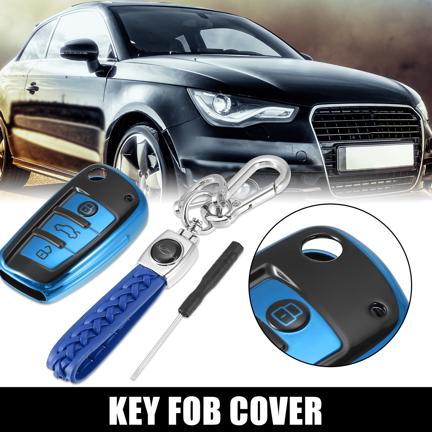 X AUTOHAUX Car Key Fob Cover 3 Button Remote Key Fob Case with Keychain Blue for Audi A1 A3 Q3 Q7 R8 A6L RS6 TT