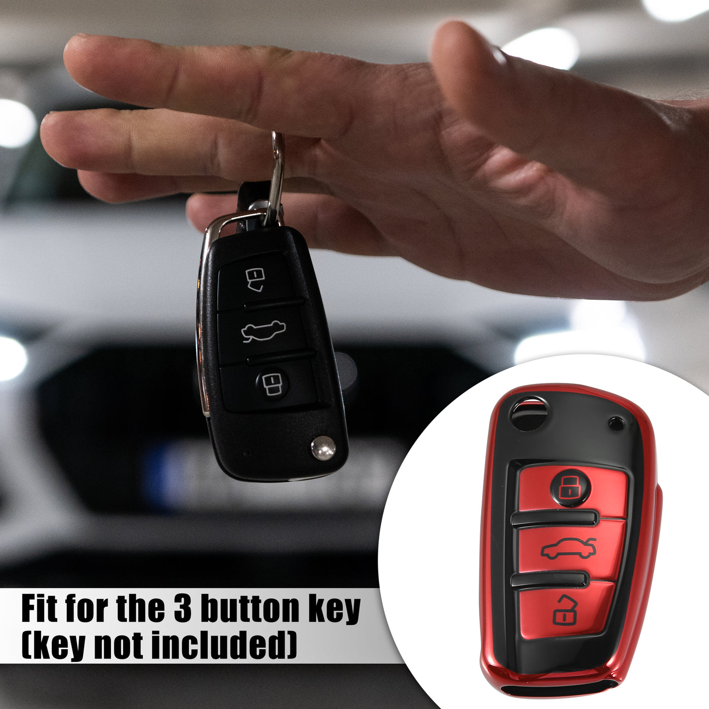 X AUTOHAUX Car Key Fob Cover 3 Button Remote Key Fob Case with Keychain Red for Audi A1 A3 Q3 Q7 R8 A6L RS6 TT