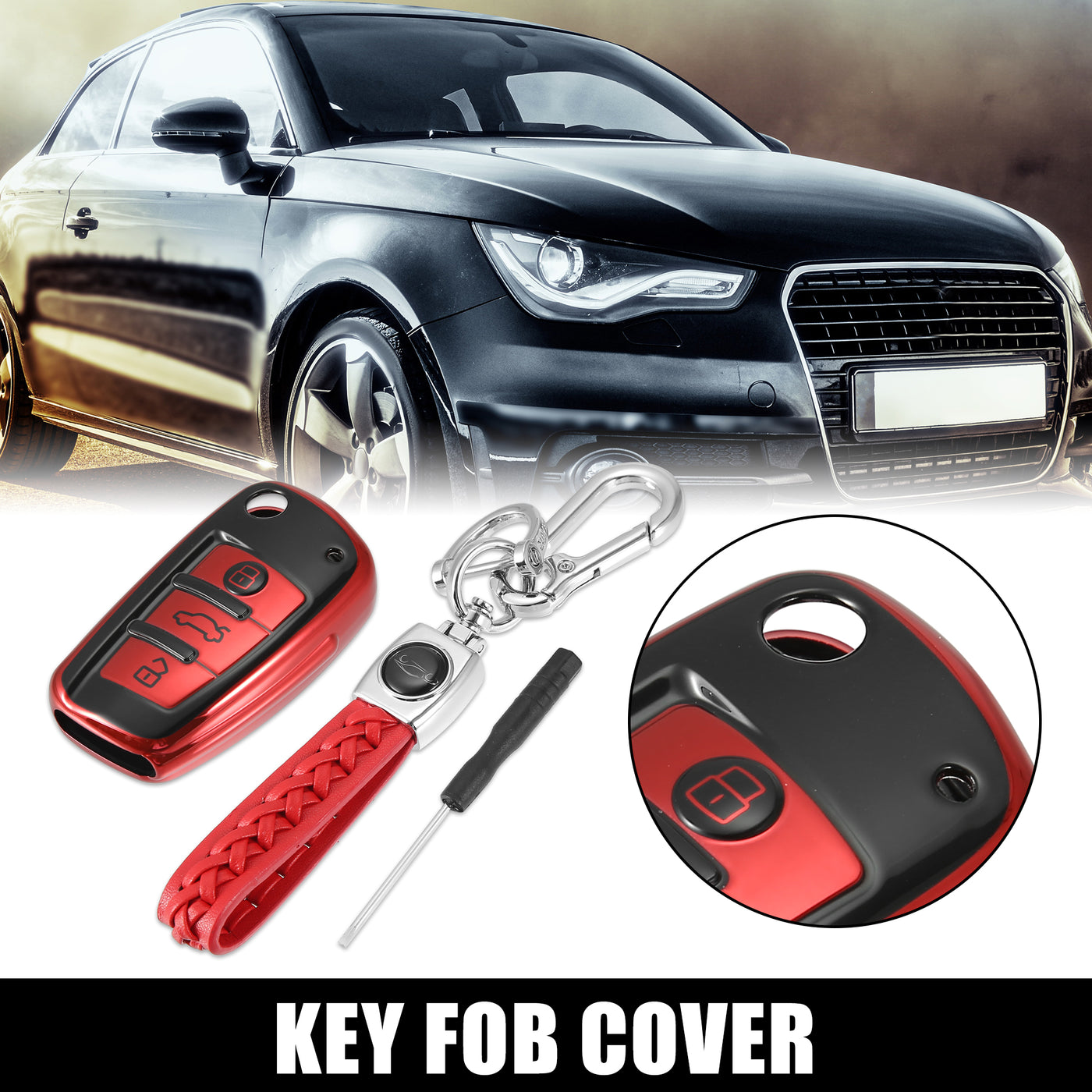 X AUTOHAUX Car Key Fob Cover 3 Button Remote Key Fob Case with Keychain Red for Audi A1 A3 Q3 Q7 R8 A6L RS6 TT