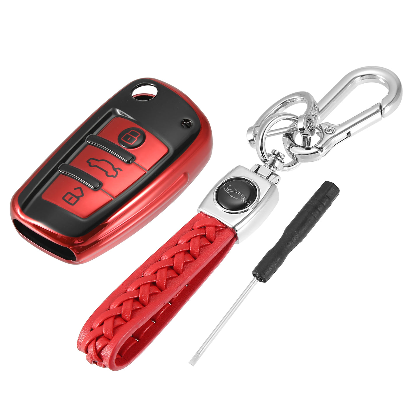 X AUTOHAUX Car Key Fob Cover 3 Button Remote Key Fob Case with Keychain Red for Audi A1 A3 Q3 Q7 R8 A6L RS6 TT