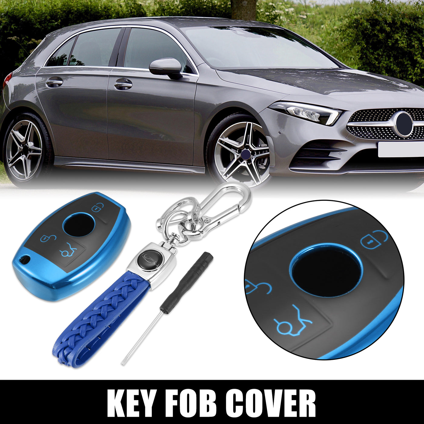 X AUTOHAUX Car Key Fob Cover 3 Button Remote Key Fob Case with Keychain Blue for Mercedes Benz C E S M CLS CLK G