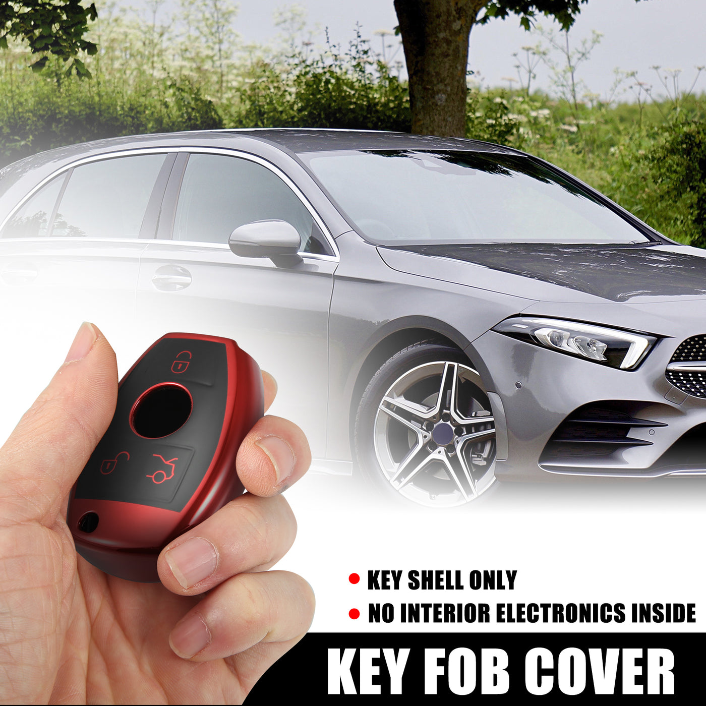 X AUTOHAUX Car Key Fob Cover 3 Button Remote Key Fob Case with Keychain Red for Mercedes Benz C E S M CLS CLK G