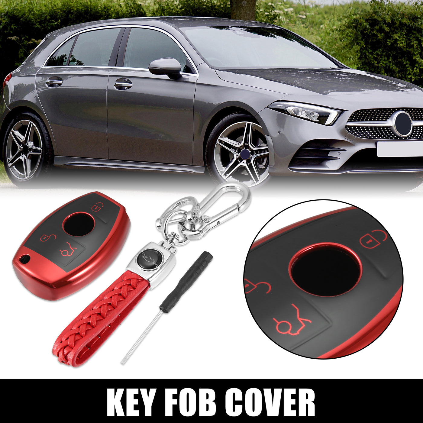 X AUTOHAUX Car Key Fob Cover 3 Button Remote Key Fob Case with Keychain Red for Mercedes Benz C E S M CLS CLK G