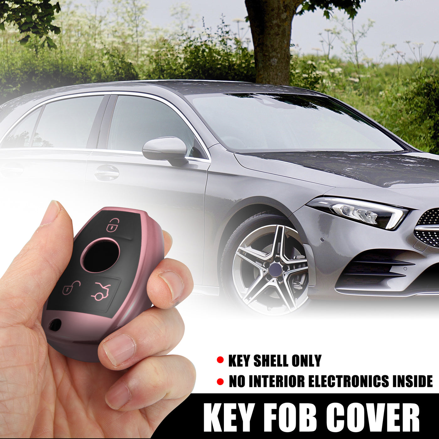 X AUTOHAUX Car Key Fob Cover 3 Button Remote Key Fob Case with Keychain Pink for Mercedes Benz C E S M CLS CLK G