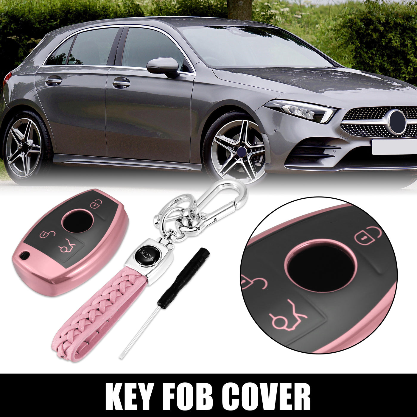 X AUTOHAUX Car Key Fob Cover 3 Button Remote Key Fob Case with Keychain Pink for Mercedes Benz C E S M CLS CLK G