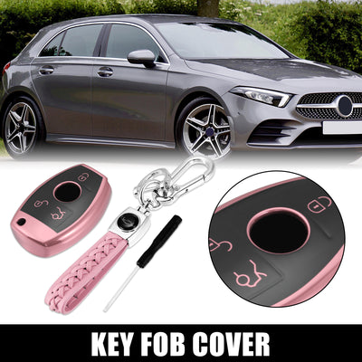 Harfington Car Key Fob Cover 3 Button Remote Key Fob Case with Keychain Pink for Mercedes Benz C E S M CLS CLK G