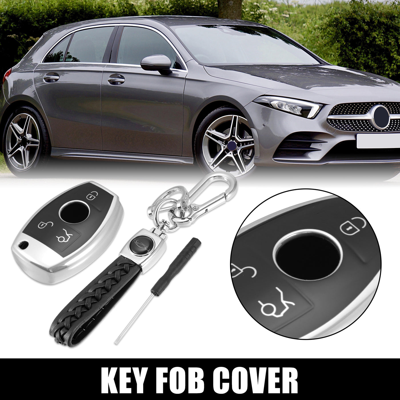 X AUTOHAUX Car Key Fob Cover 3 Button Remote Key Fob Case with Keychain Silver Tone for Mercedes Benz C E S M CLS CLK G