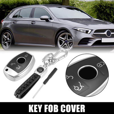 Harfington Car Key Fob Cover 3 Button Remote Key Fob Case with Keychain Silver Tone for Mercedes Benz C E S M CLS CLK G