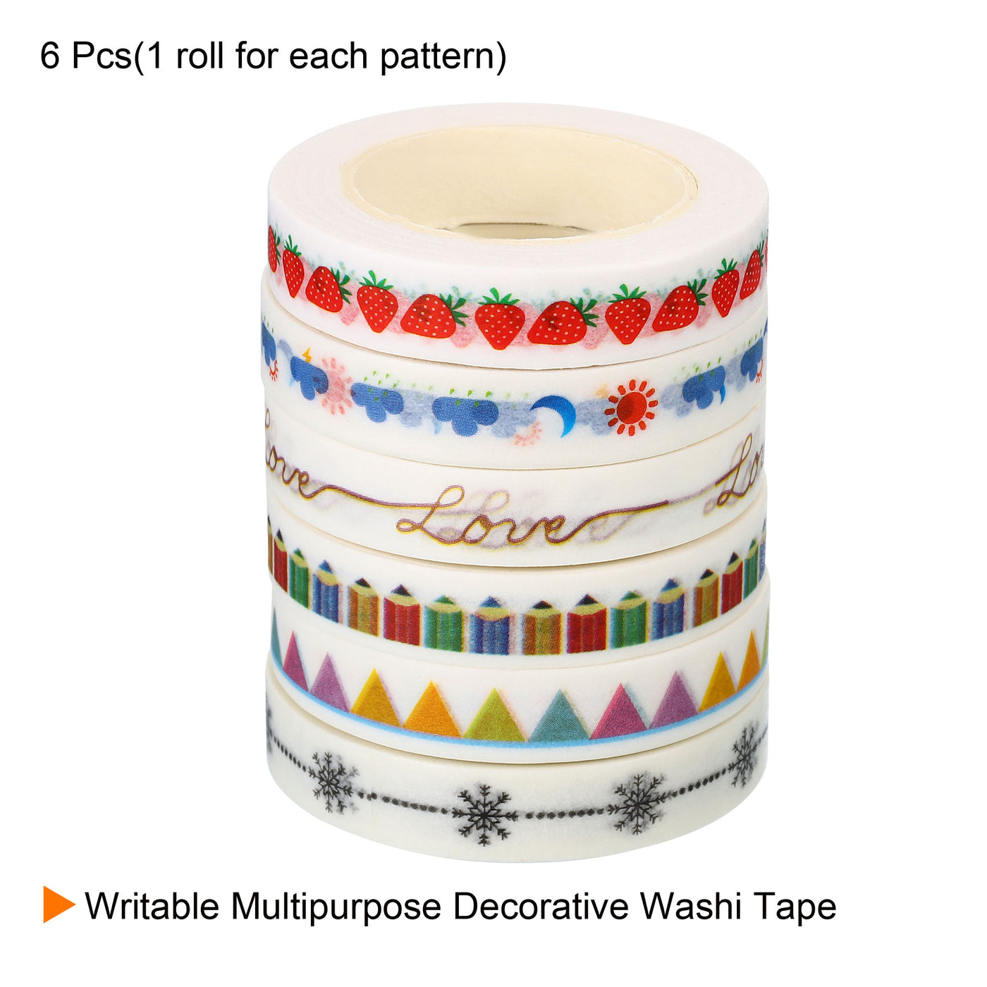 Harfington 8mm x 10m Washi Tapes, 6 Roll Masking Self Adhesive Sticker for DIY Art Craft Wrapping Decoration (Flag, Love, Pencil, Snow, Strawberry, Weather)