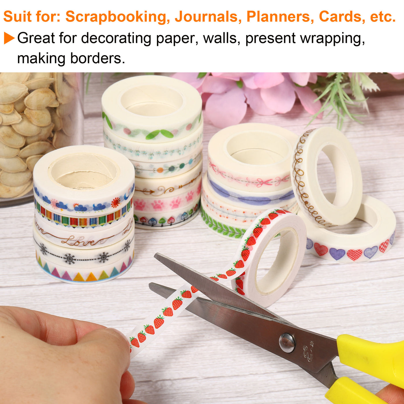 Harfington 3pcs 8mmx10m Washi Tape Masking Sticker, Pencil, Strawberry, Weather