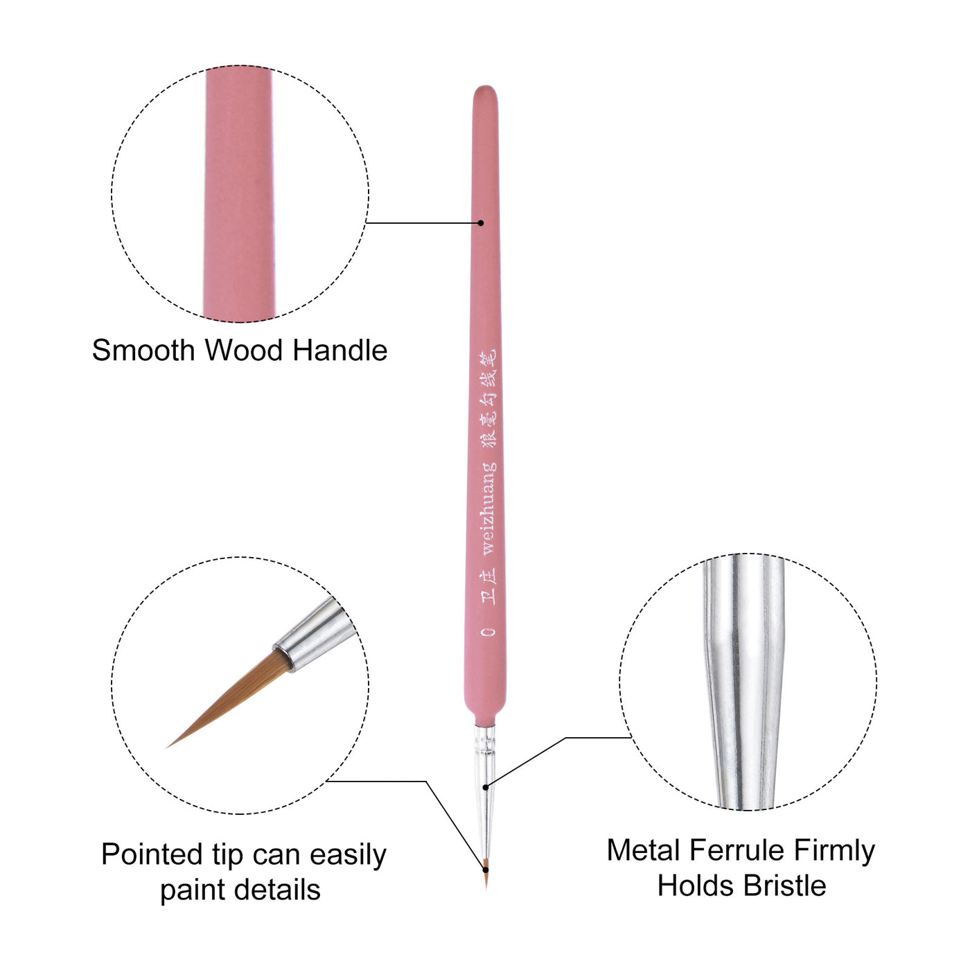 uxcell Uxcell Detailing Paint Brush Set #0 #00 #000 Bristle Pink Wood Handle 1 Set