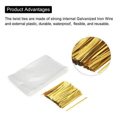 Harfington Clear Plastic Bags 6"x4" with 3" Foil Twist Ties Gold Tone 300 Set