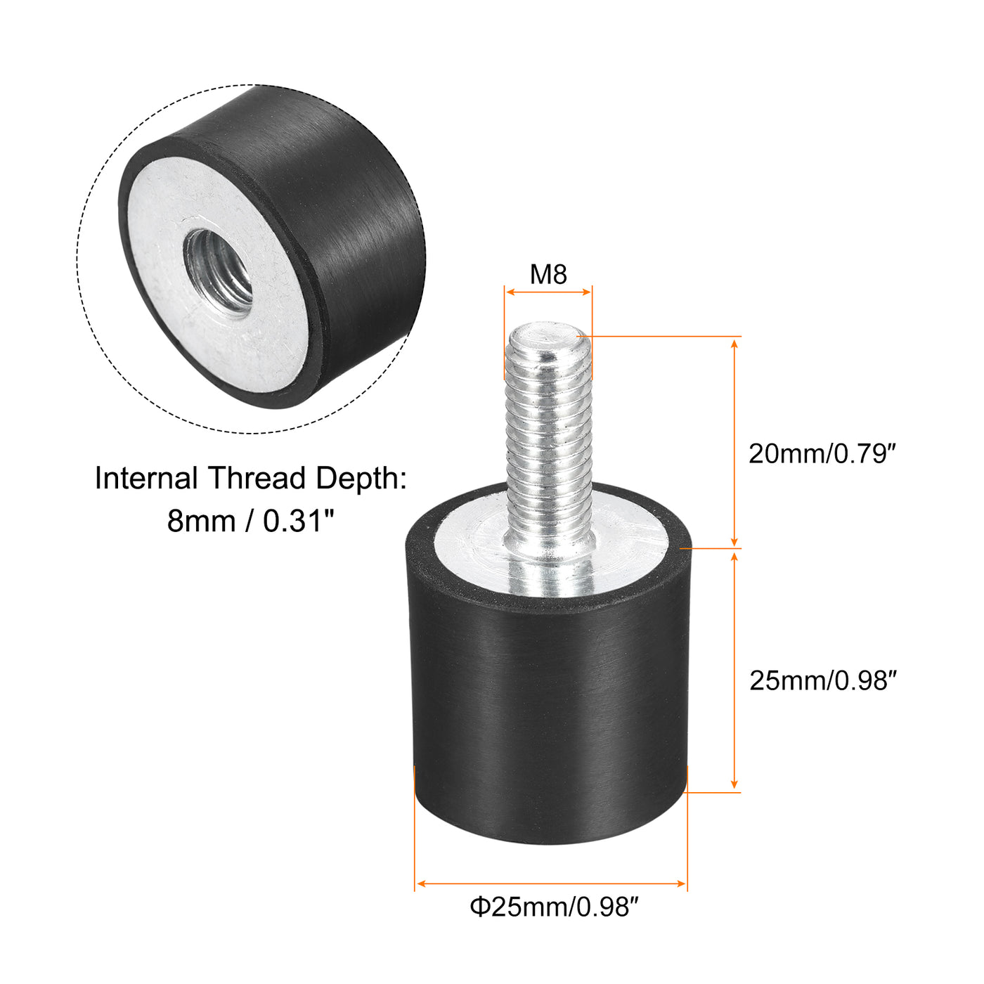 uxcell Uxcell 8Stk. Gummilager M8 Außen-/Innengewinde Schwingungsisolator Stoßdämpfer D25mmxH25mm