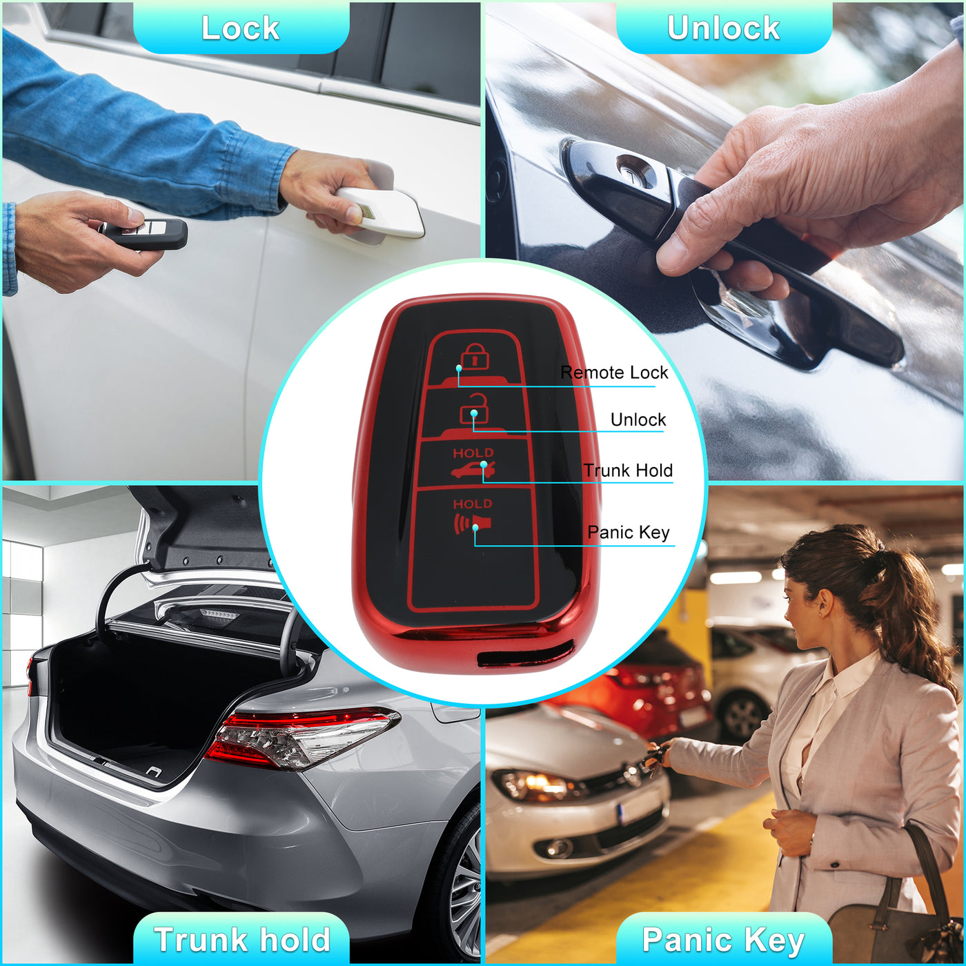 X AUTOHAUX Car Key Fob Cover 4 Button Remote Key Fob Case Red for Toyota RAV4 Camry Corolla Avalon C-HR Prius GT86 Highlander 2018-2022