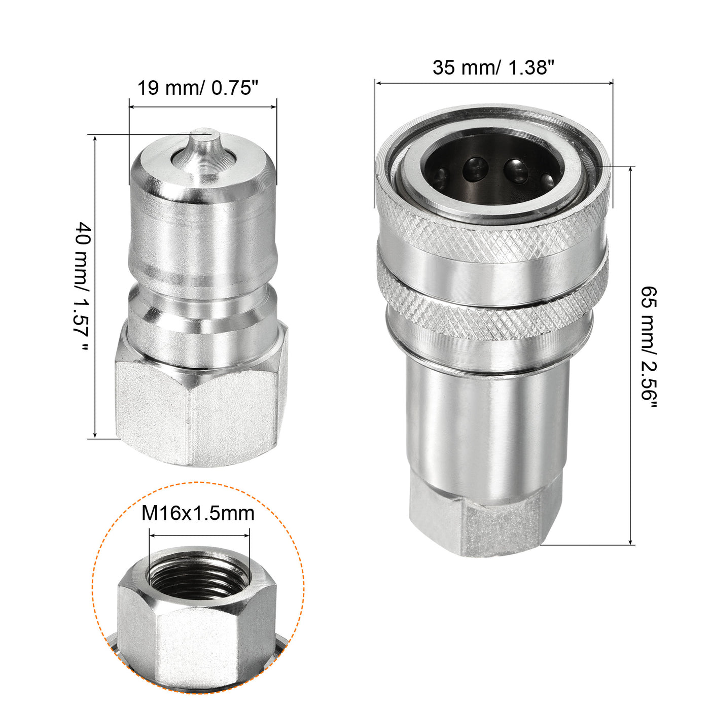 Harfington Hydraulic Quick Connect Coupler, 1 Set Carbon Steel M16x1.5mm Female Thread Pipe Fitting Plug Adapter for Construction Agriculture, Silver