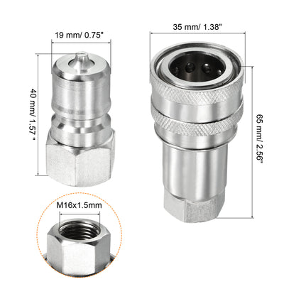 Harfington Hydraulic Quick Connect Coupler, 1 Set Carbon Steel M16x1.5mm Female Thread Pipe Fitting Plug Adapter for Construction Agriculture, Silver