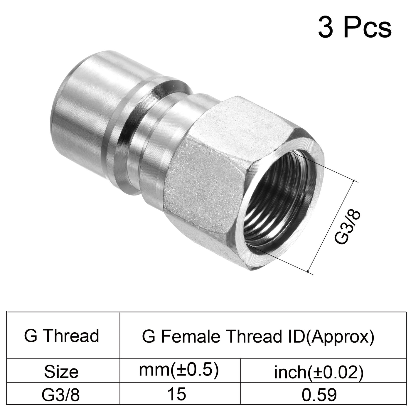 Harfington Hydraulic Quick Connect Coupler, 3 Pack Carbon Steel G3/8 Female 0.75" OD Pipe Fitting Plug Adapter for Construction Agriculture, Silver