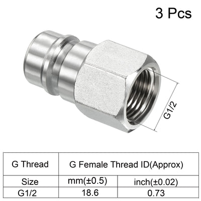 Harfington Hydraulic Quick Connect Coupler, 3 Pack Carbon Steel G1/2 Female 0.85" OD Pipe Fitting Plug Adapter for Construction Agriculture, Silver