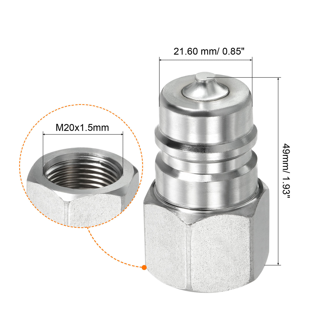 Harfington Hydraulic Quick Connect Coupler, 1 Pack Carbon Steel M20x1.5mm Female Thread 0.85" OD Pipe Fitting Plug Adapter for Construction Agriculture, Silver