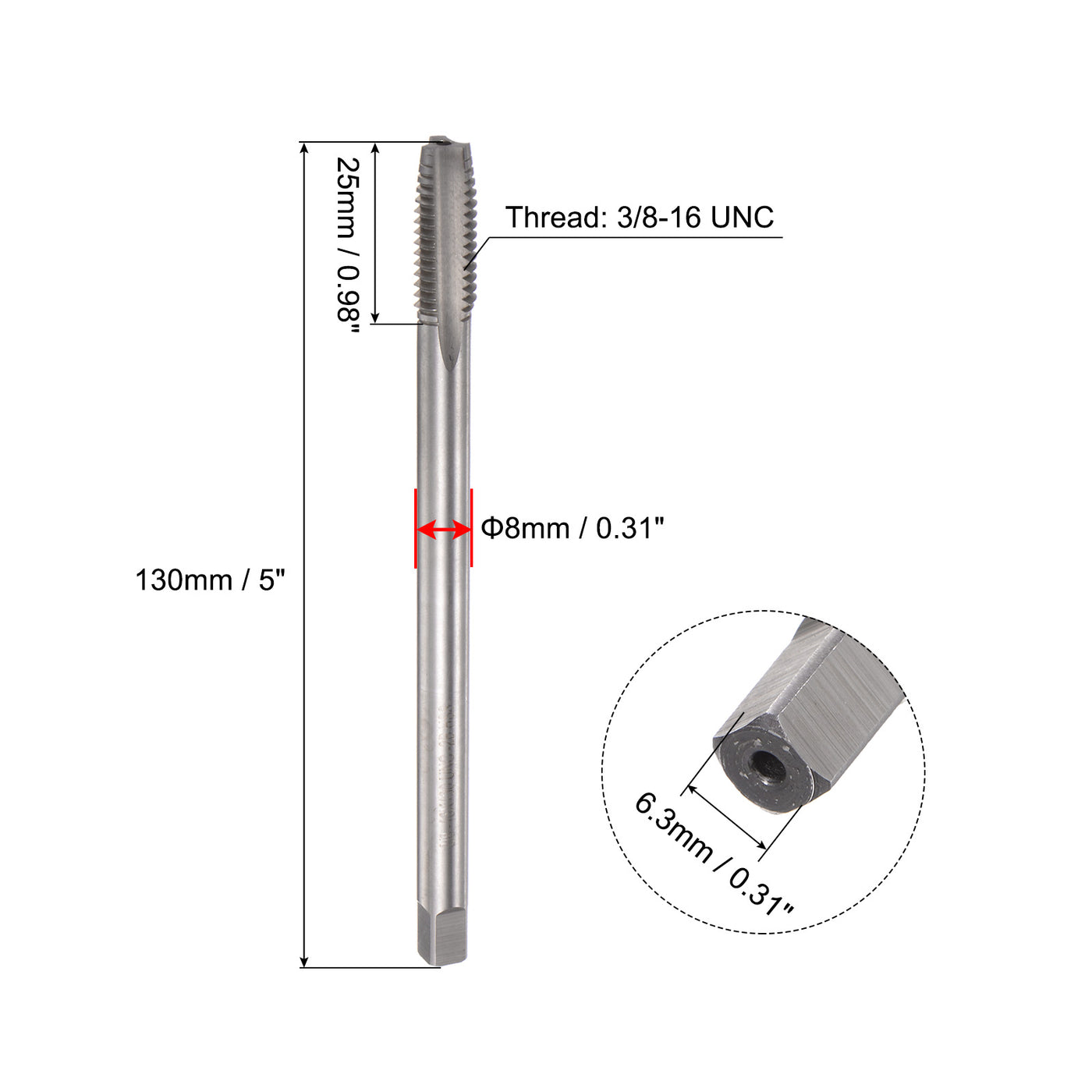 uxcell Uxcell 3/8-16 UNC High Speed Steel 5" Length 3 Straight Flute Machine Screw Thread Tap