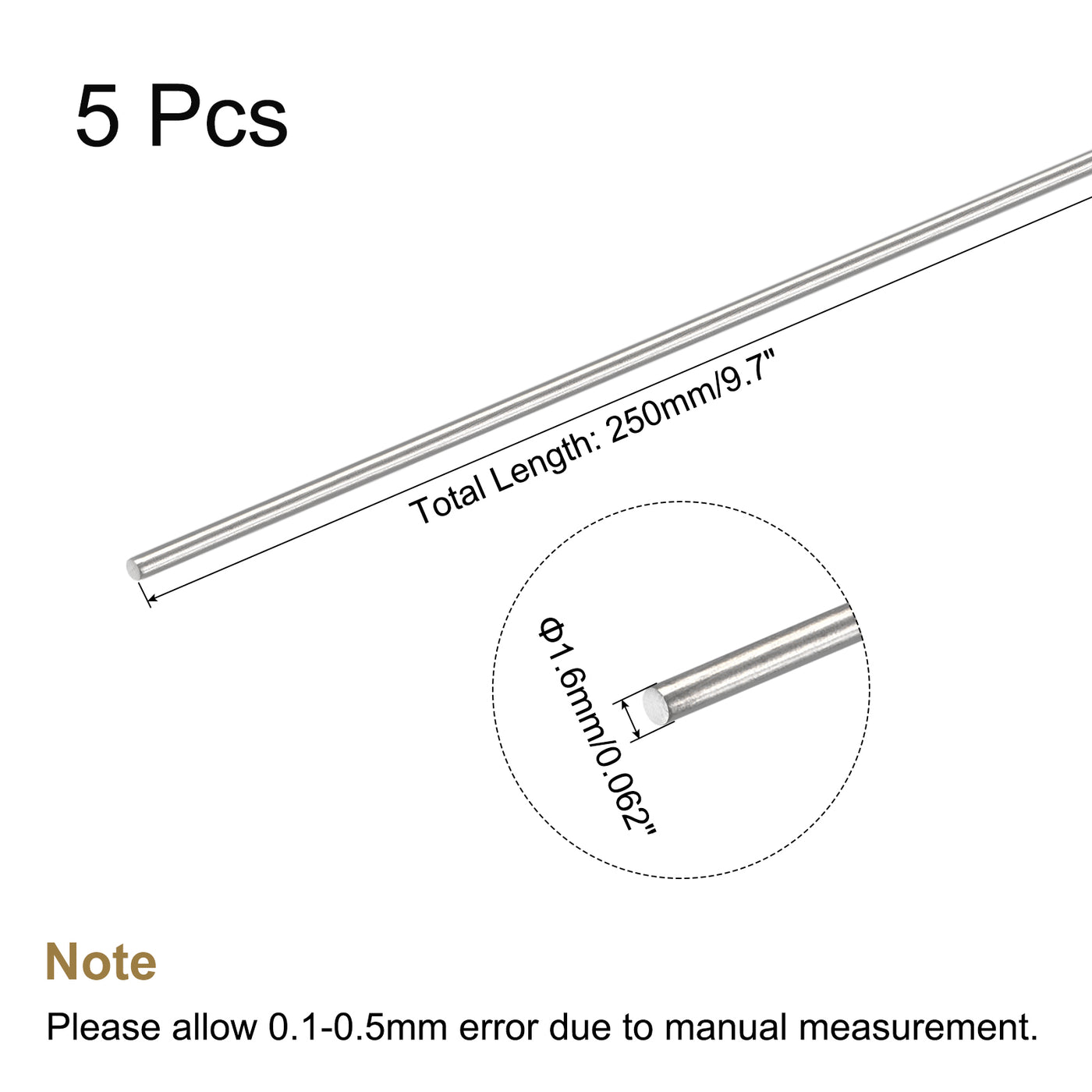 Harfington 304 Stainless Steel Round Rods Bar,1.6mmx250mm for DIY Craft 5Pcs