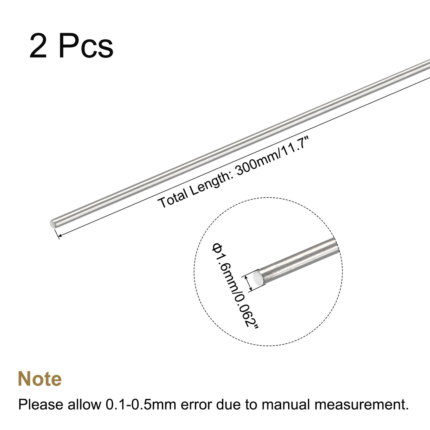 Harfington 304 Stainless Steel Round Rods Bar,1.6mmx300mm for DIY Craft 2Pcs