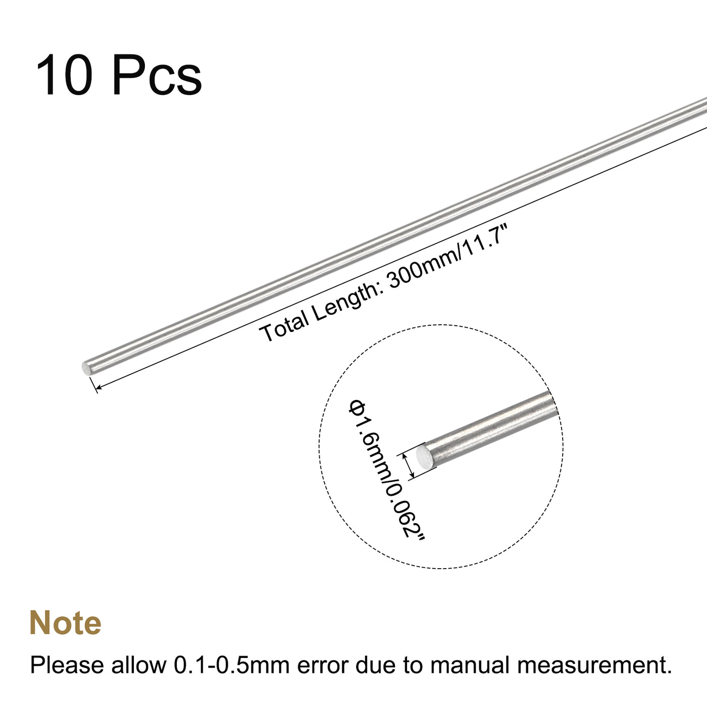 Harfington 304 Stainless Steel Round Rods Bar,1.6mmx300mm for DIY Craft 10Pcs