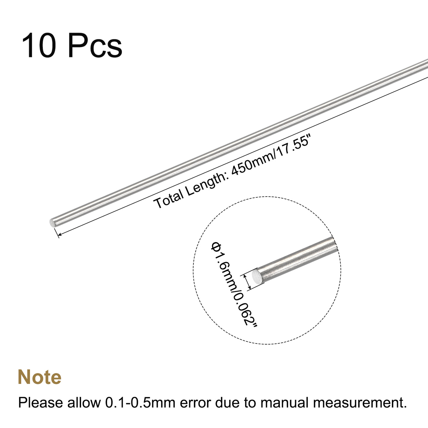 Harfington 304 Stainless Steel Round Rods Bar,1.6mmx450mm for DIY Craft 10Pcs