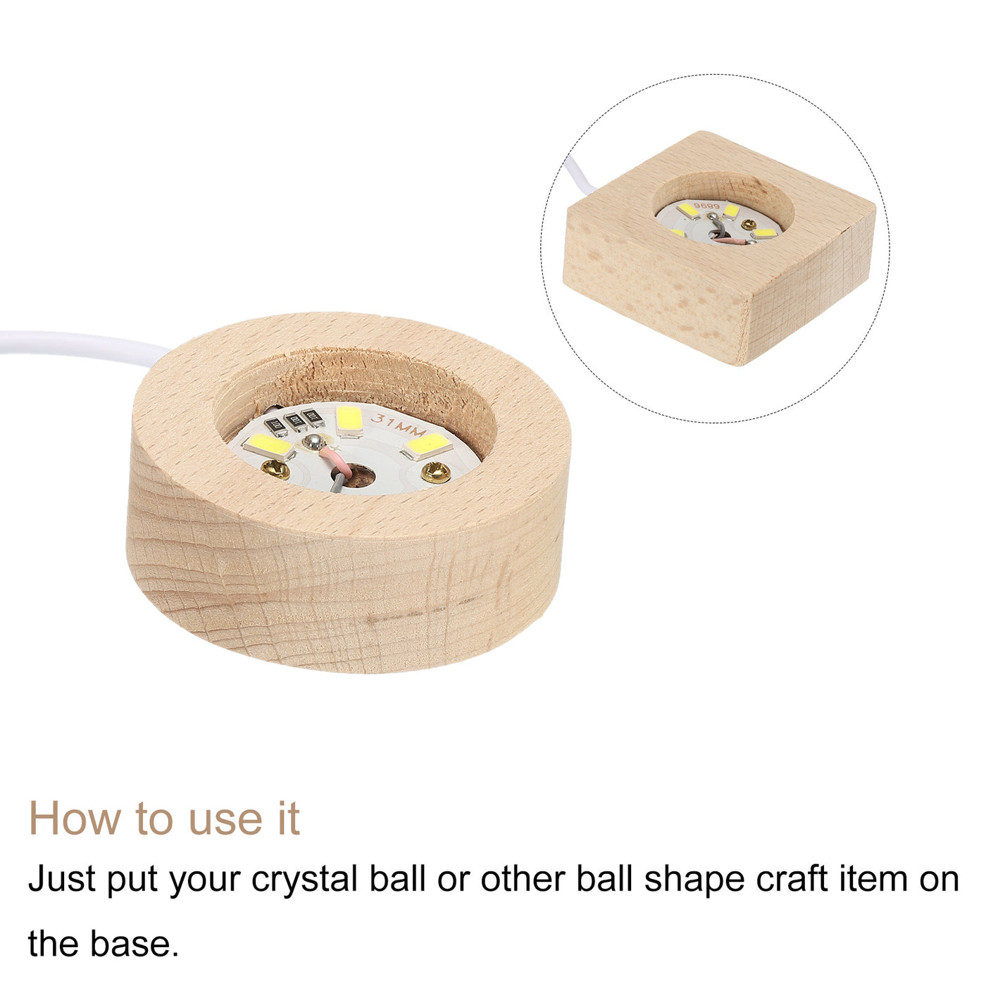 Harfington LED Wooden Ball Stand Holders Displays Base 5x5x2cm 5x2cm Warm Light Square Round USB Switch for Crystal Ball Stone 1 Set