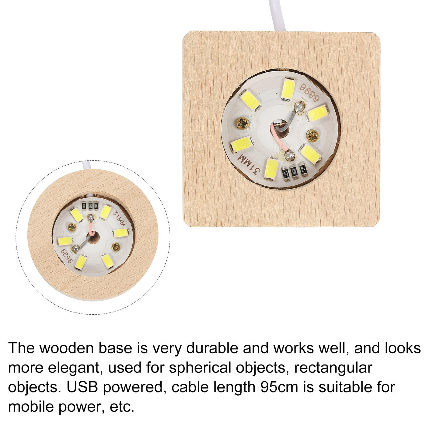 Harfington LED Wooden Ball Stand Holders Displays Base 5x5x2cm 5x2cm Warm Light Square Round USB Switch for Crystal Ball Stone 1 Set