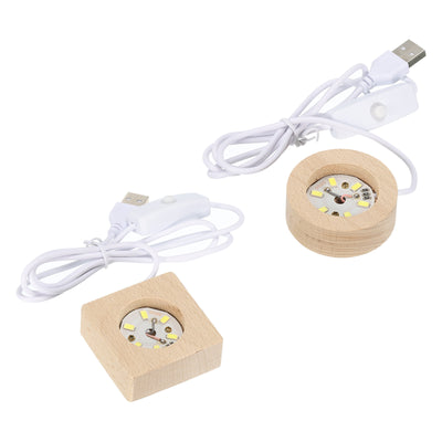 Harfington LED Wooden Ball Stand Holders Displays Base 5x5x2cm 5x2cm Warm Light Square Round USB Switch for Crystal Ball Stone 1 Set