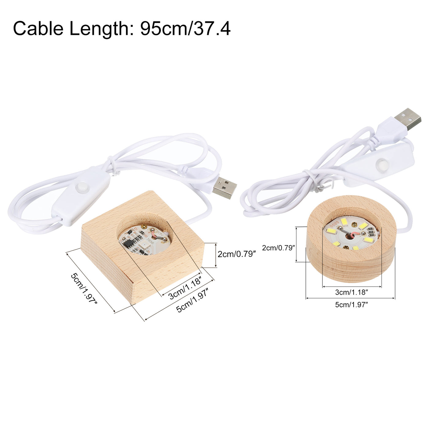 Harfington LED Wooden Ball Stand Holders Displays Base 5x5x2cm 5x2cm Warm Colorful Light Square Round USB Switch for Crystal Ball Stone 1 Set