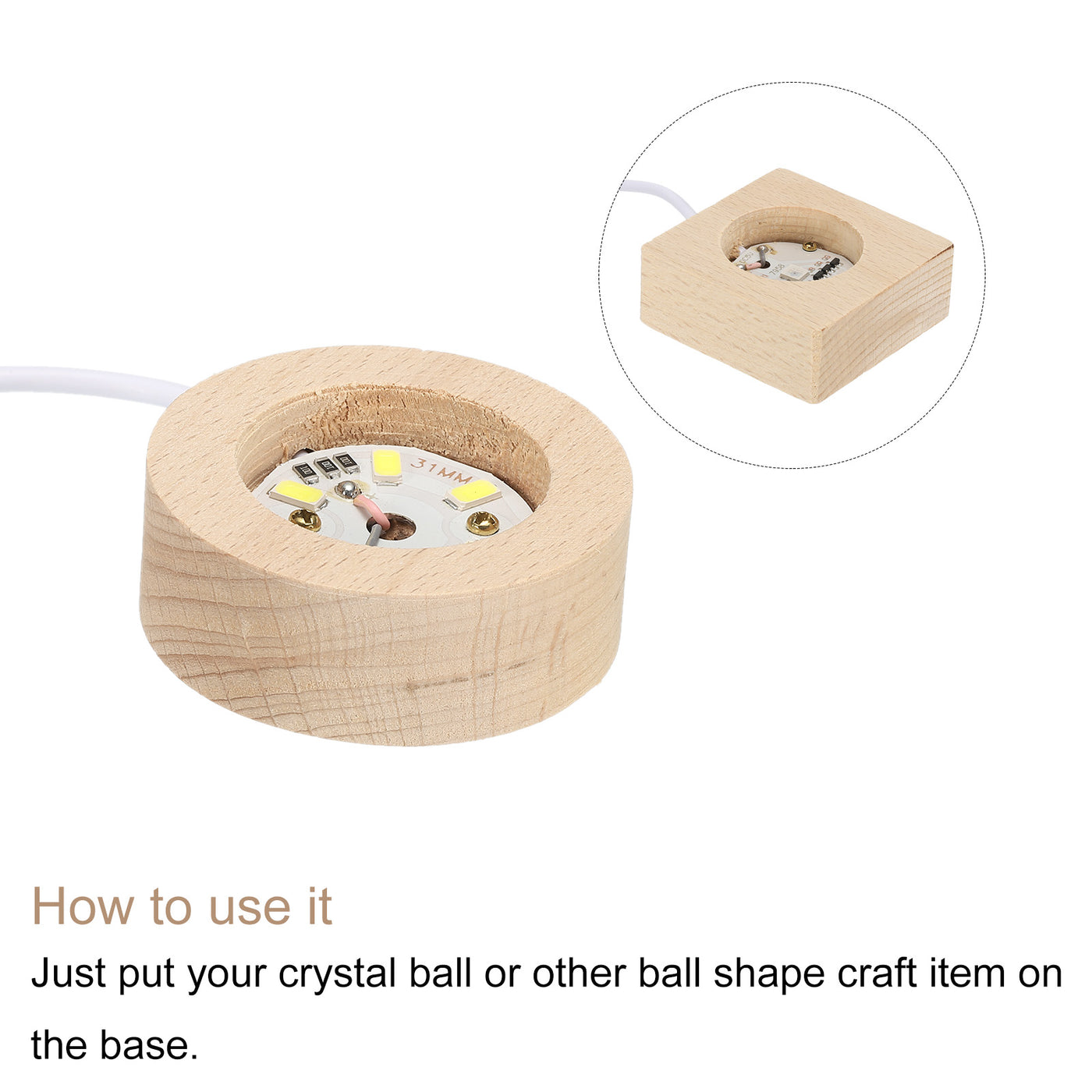 Harfington LED Wooden Ball Stand Holders Displays Base 5x5x2cm 5x2cm Warm Colorful Light Square Round USB Switch for Crystal Ball Stone 1 Set