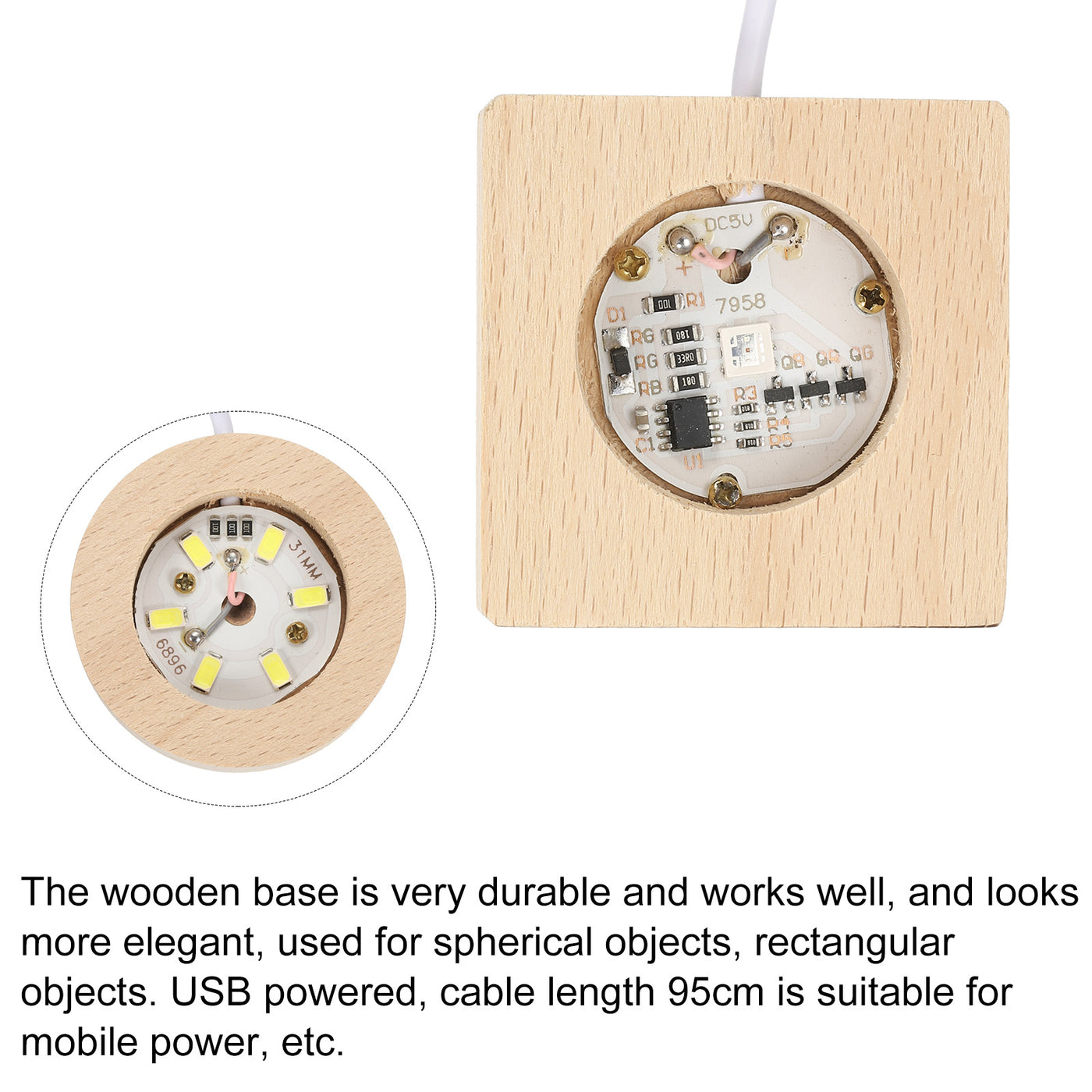 Harfington LED Wooden Ball Stand Holders Displays Base 5x5x2cm 5x2cm Warm Colorful Light Square Round USB Switch for Crystal Ball Stone 1 Set