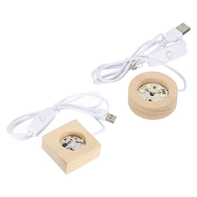 Harfington LED Wooden Ball Stand Holders Displays Base 5x5x2cm 5x2cm Warm Colorful Light Square Round USB Switch for Crystal Ball Stone 1 Set