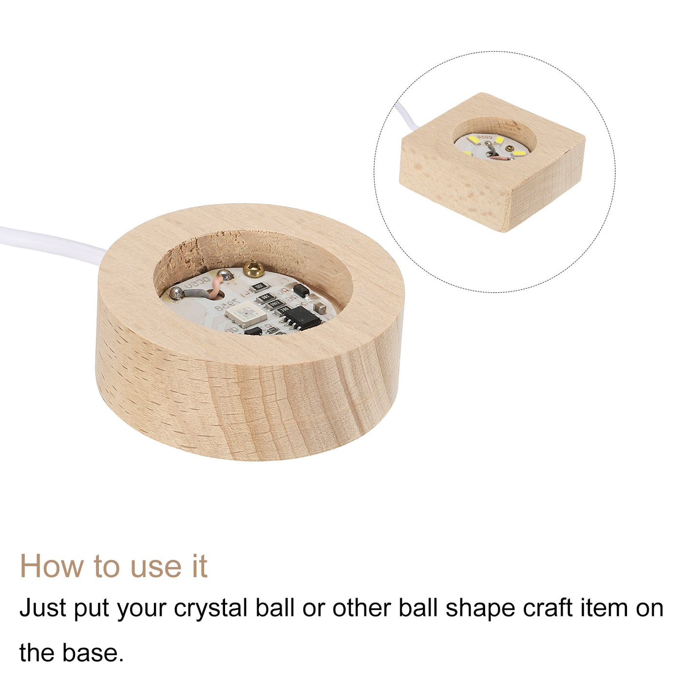 Harfington LED Wooden Ball Stand Holder Display Base 5x5x2cm 5x2cm Warm Colorful Light Square Round USB Switch for Crystal Ball Stone 1 Set