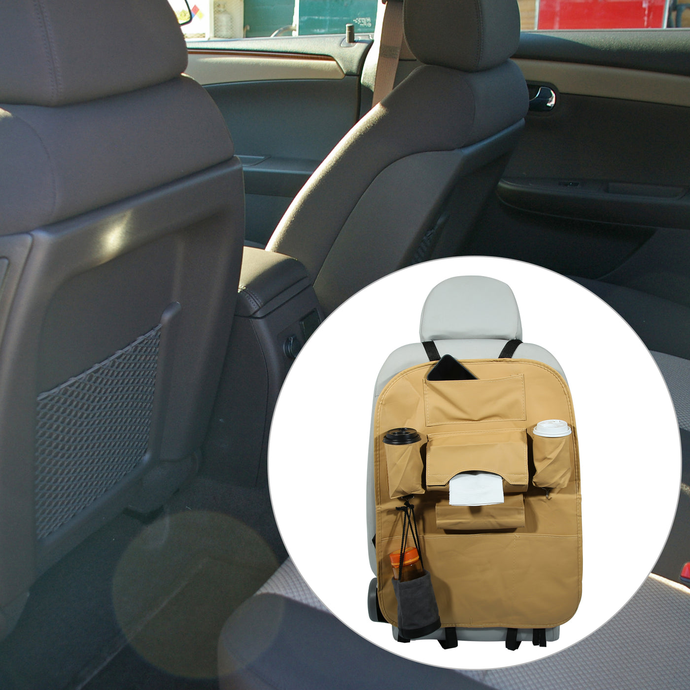 X AUTOHAUX Car Back Seat Organizer Backseat Kick Mat Protector Foldable Storage Bag with Tissue Box Umbrella Bag for Road Trip Accessories PU Leather Beige