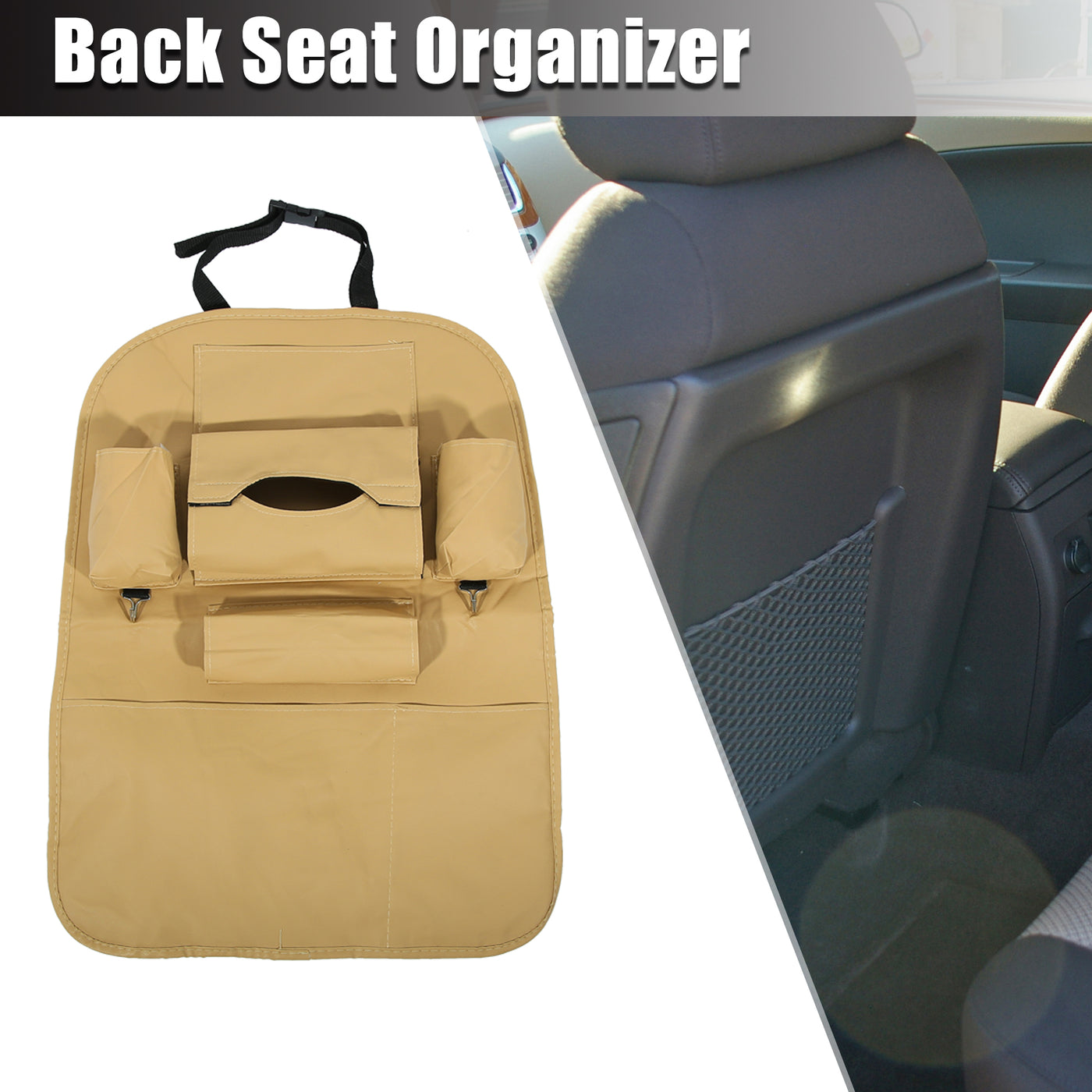 X AUTOHAUX Car Back Seat Organizer Backseat Kick Mat Protector Foldable Storage Bag with Tissue Box Umbrella Bag for Road Trip Accessories PU Leather Beige