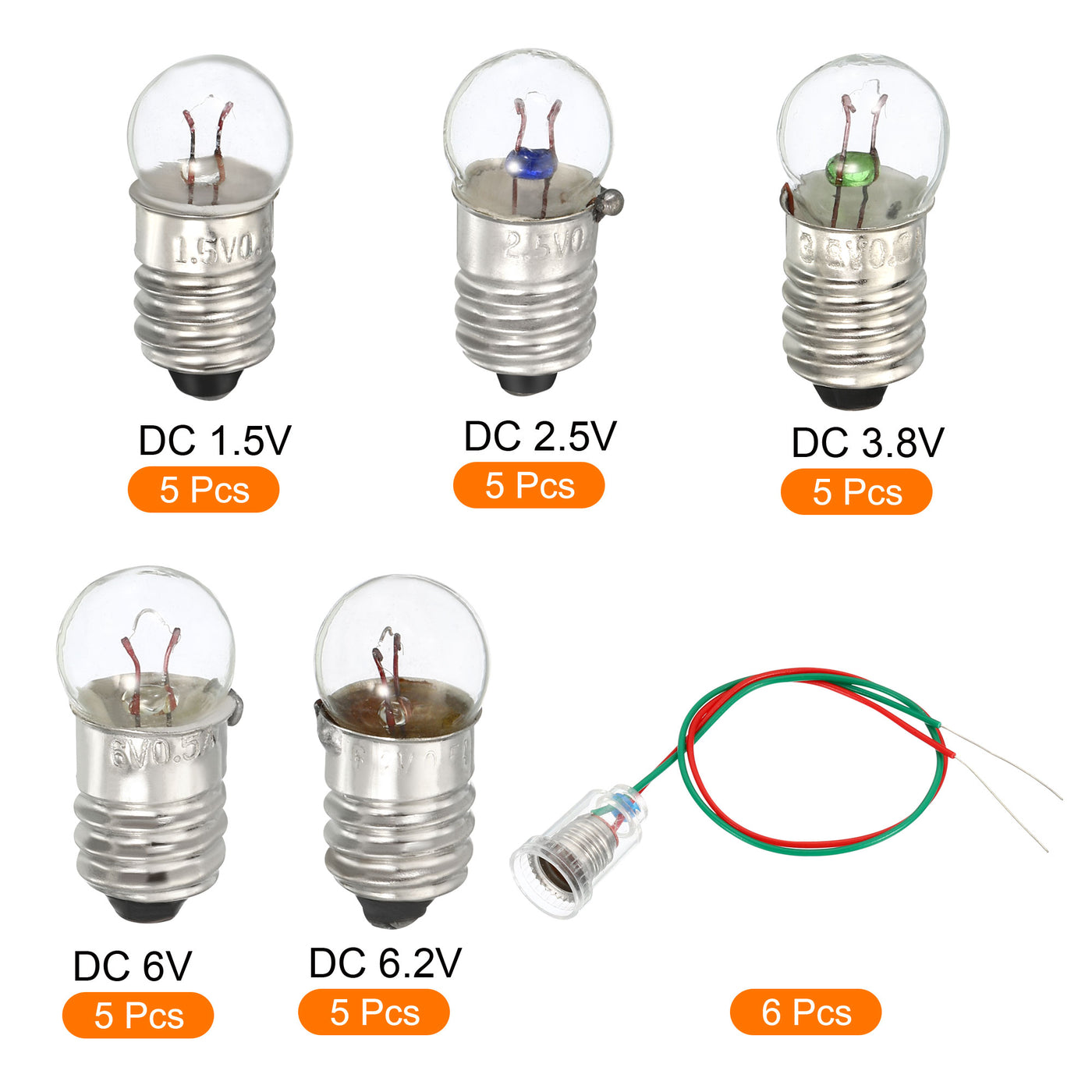 Harfington 1Set E10 Screw Base 1.5V/2.5V/3.8V/6V/6.2V Bulb Miniature Light w 6Pcs Holders