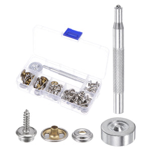 25 Sets Screw Snap Fasteners Kit 15mm Metal Snaps Button Silver