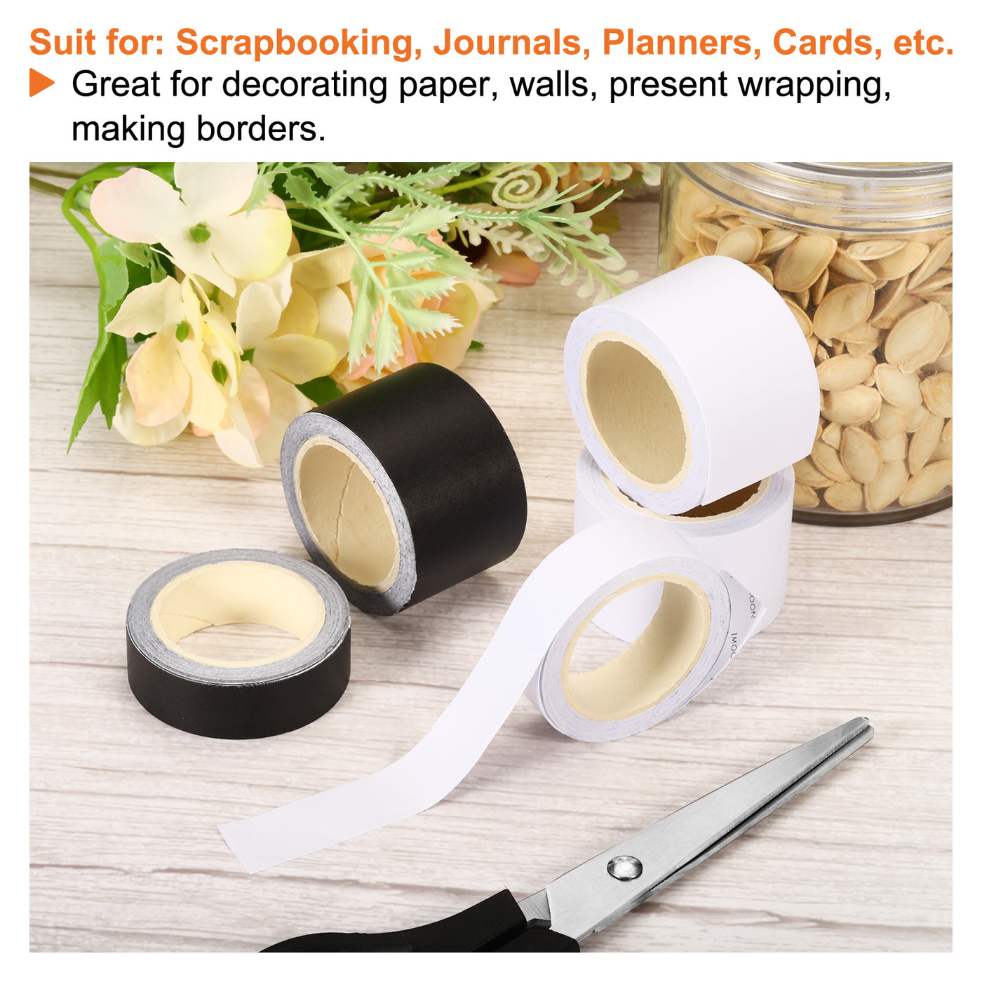 Harfington 30mm 10ft Washi Tapes, 5 Roll Solid Color Masking Self Adhesive Sticker for DIY Art Craft Wrapping Scrapbook Black