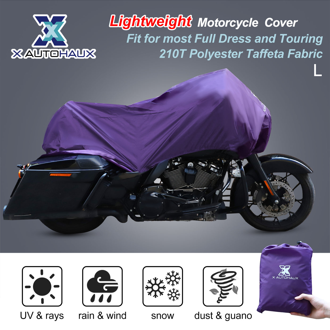 X AUTOHAUX Motorcycle Cover Lightweight Half Cover Outdoor Waterproof Rain Dust Protector Purple L Size for Most Full Dress Touring Cruiser