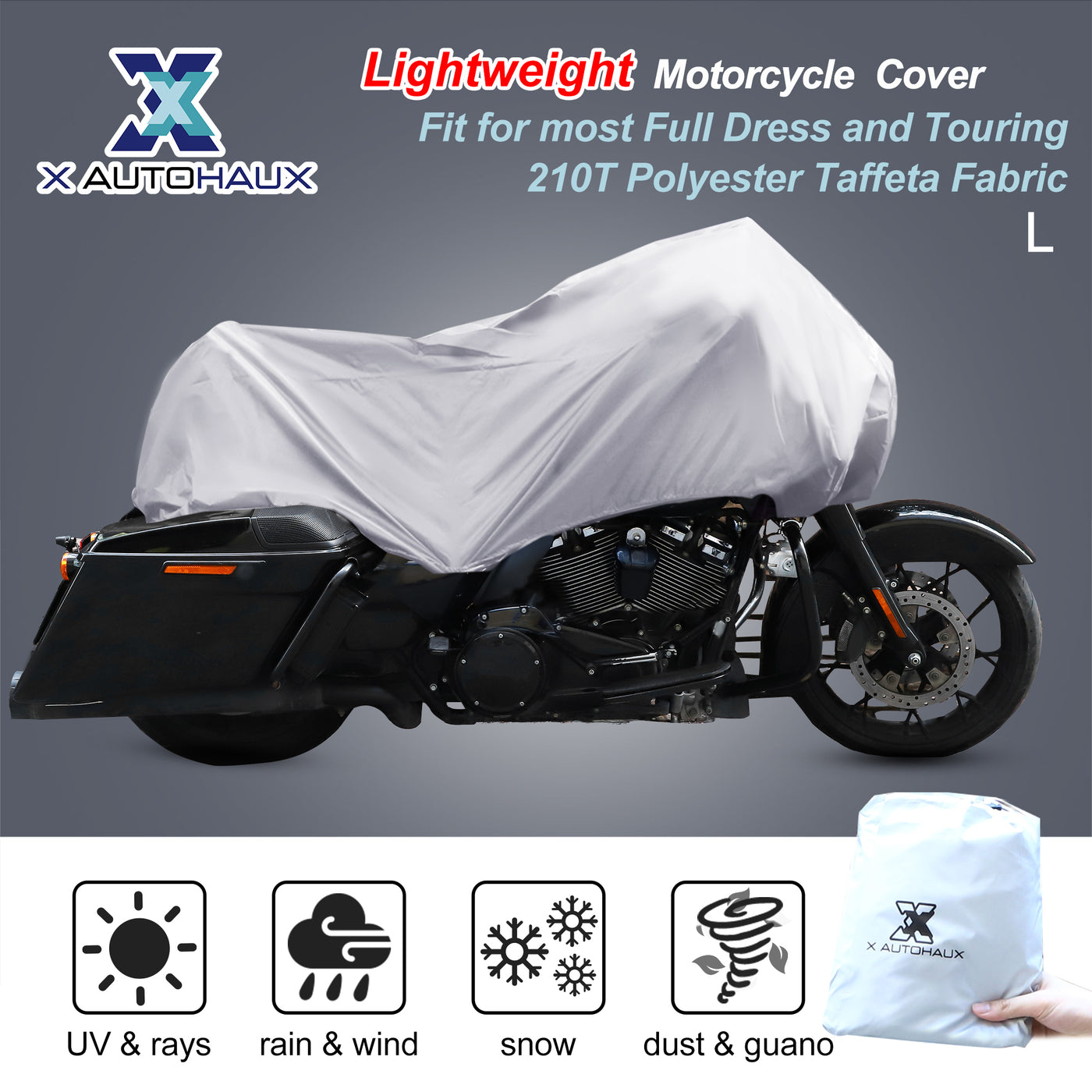 X AUTOHAUX Motorcycle Cover Lightweight Half Cover Outdoor Waterproof Rain Dust Protector Silver Tone L Size for Most Full Dress Touring Cruiser