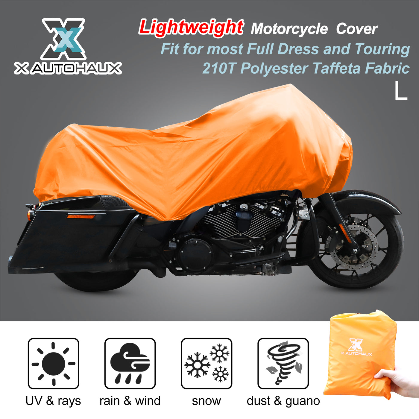 X AUTOHAUX Motorcycle Cover Lightweight Half Cover Outdoor Waterproof Rain Dust Protector Orange L Size for Most Full Dress Touring Cruiser