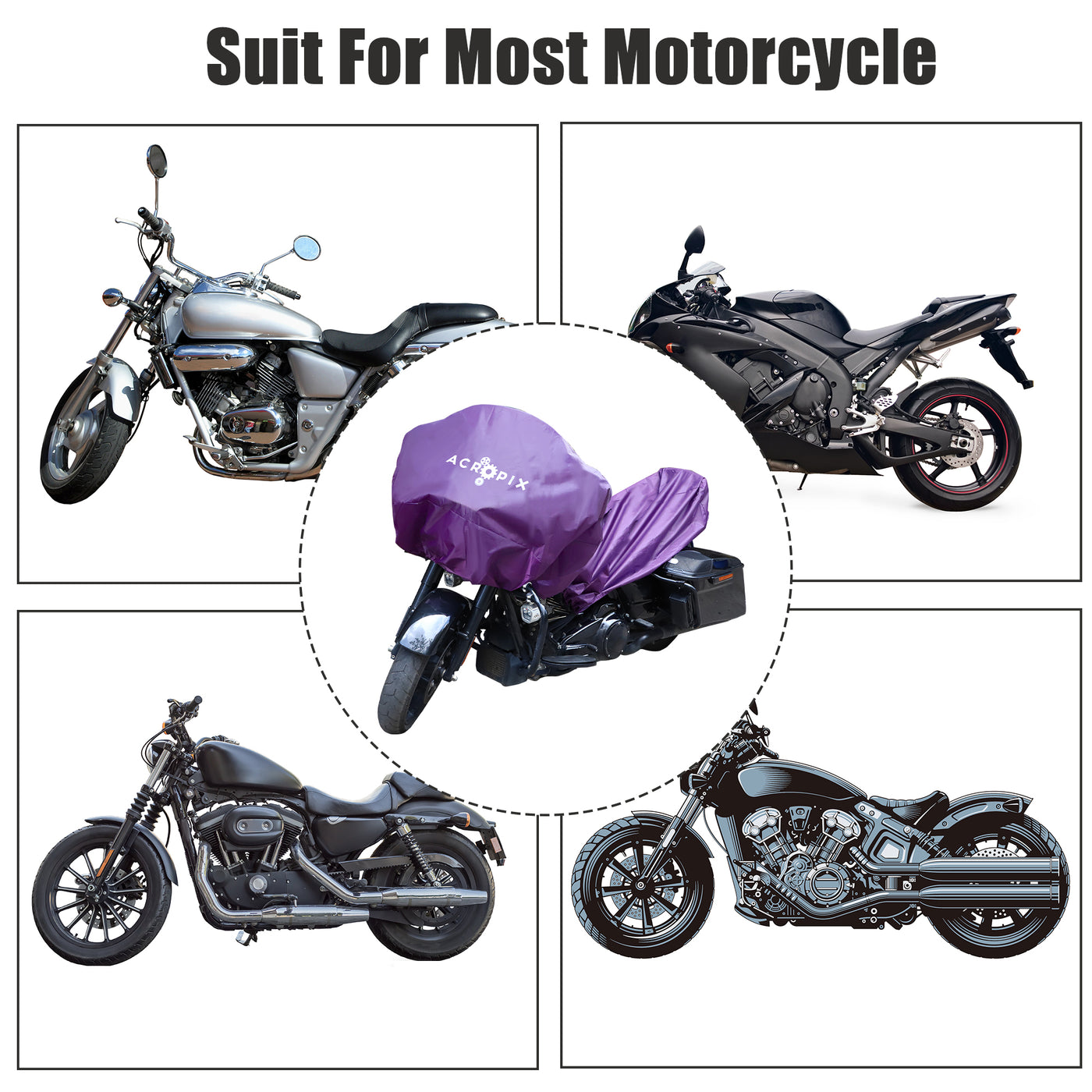 ACROPIX XL Lightweight Motorcycle Half Cover for Most Full Dress Touring Cruiser Motorbike Purple - Pack of 1