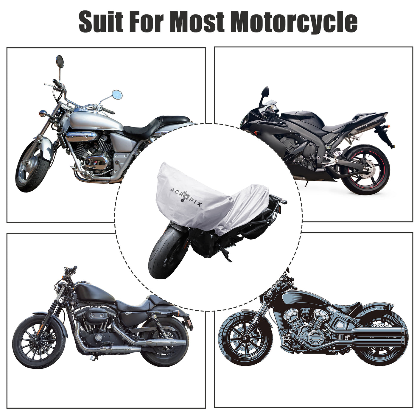 ACROPIX M Lightweight Motorcycle Half Cover for Most Full Dress Touring Cruiser Motorbike Silver Tone - Pack of 1