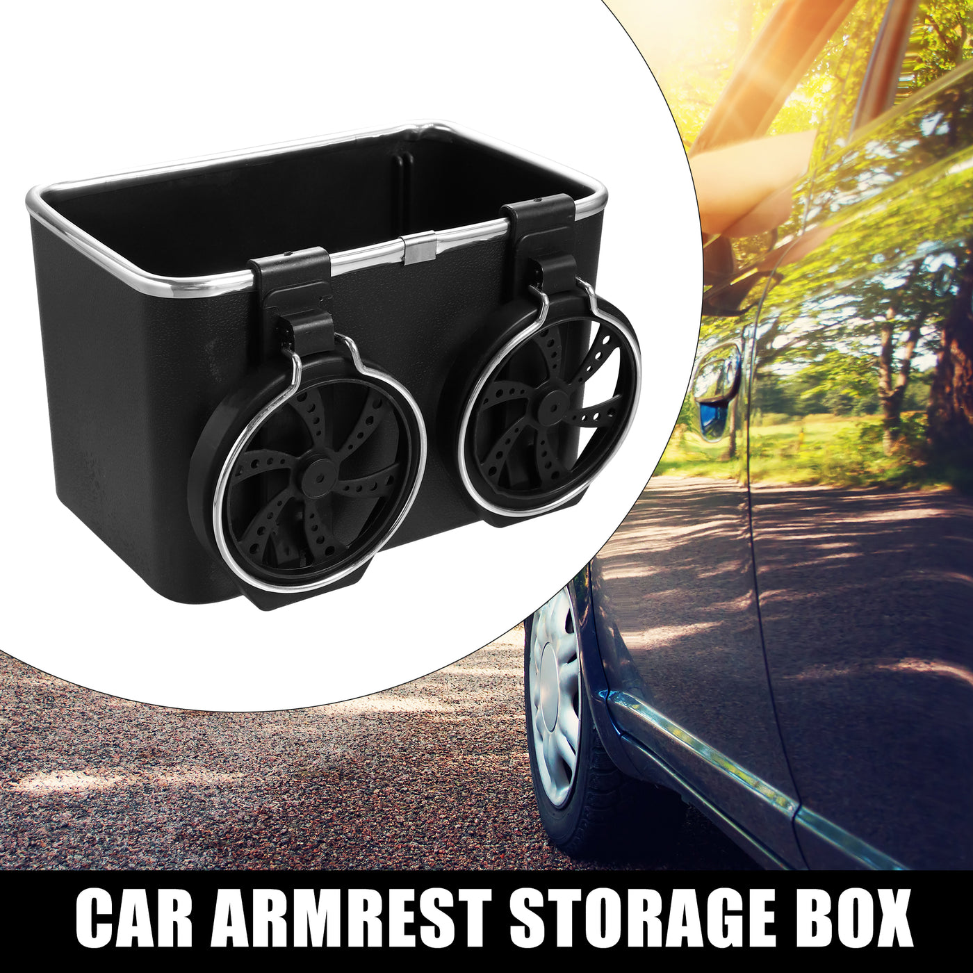 X AUTOHAUX Black Car Armrest Tissue Storage Box with 2 Cup Holder Universal Car Seat Interior Organizer Multifunctional