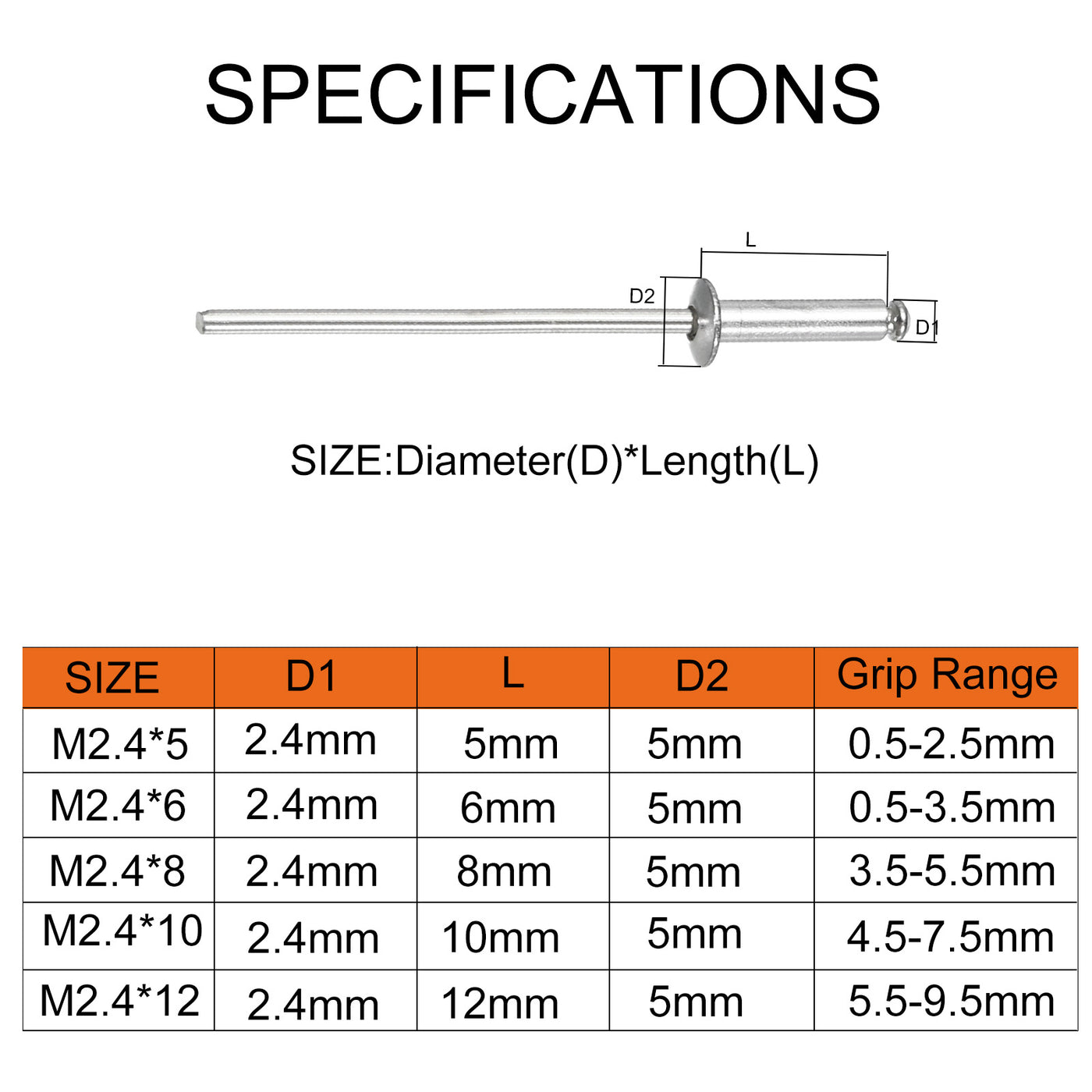 uxcell Uxcell Aluminum  Rivet Open End Flat Round Head 5 Sizes M2.4 Rivets Assortment Set