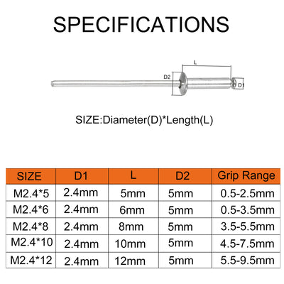 Harfington Uxcell Aluminum  Rivet Open End Flat Round Head 5 Sizes M2.4 Rivets Assortment Set