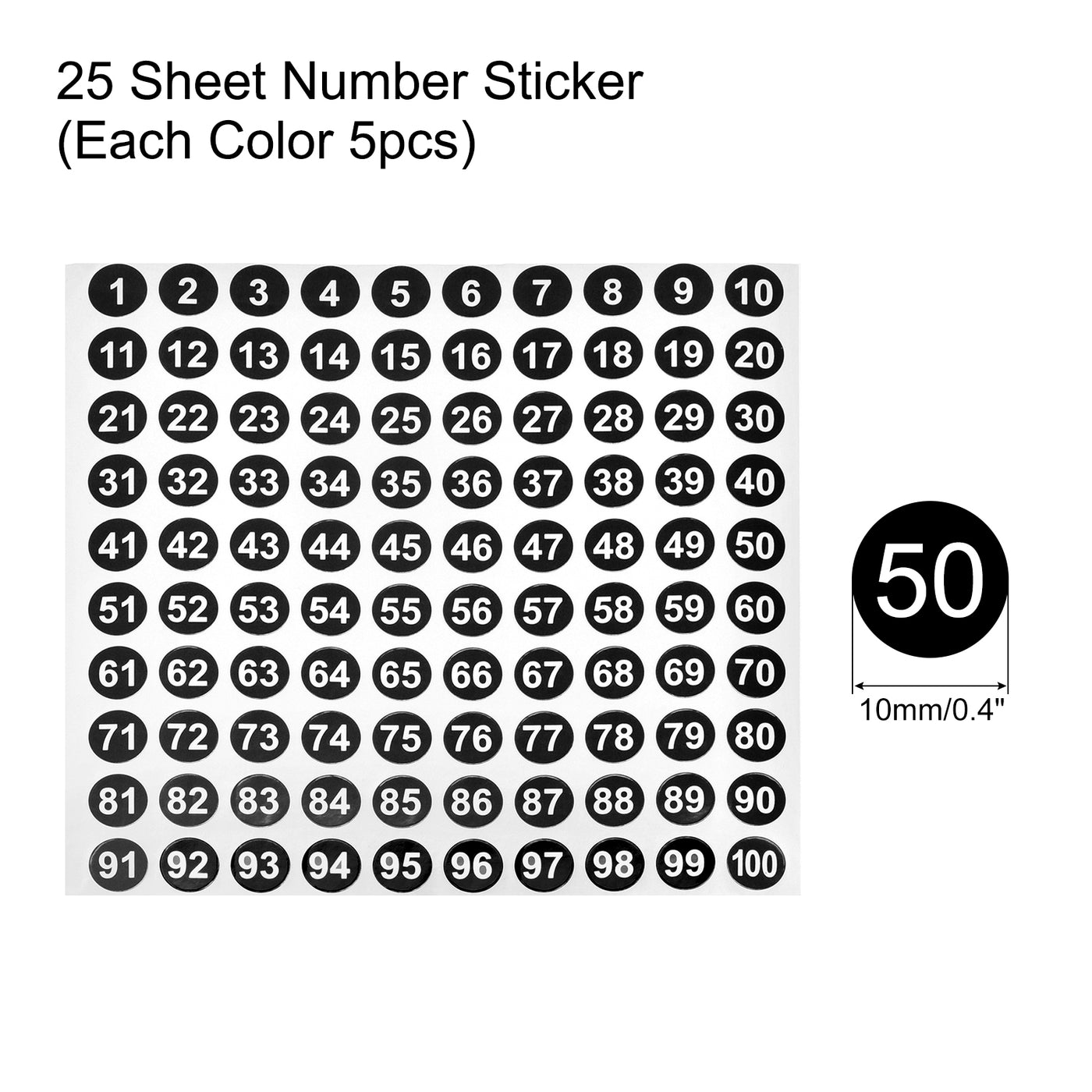 Harfington 1 to 100 Number Stickers Number Label Self Adhesive Marked Sticker 10mm/0.4" for Classification, 5 Color, Pack of 25